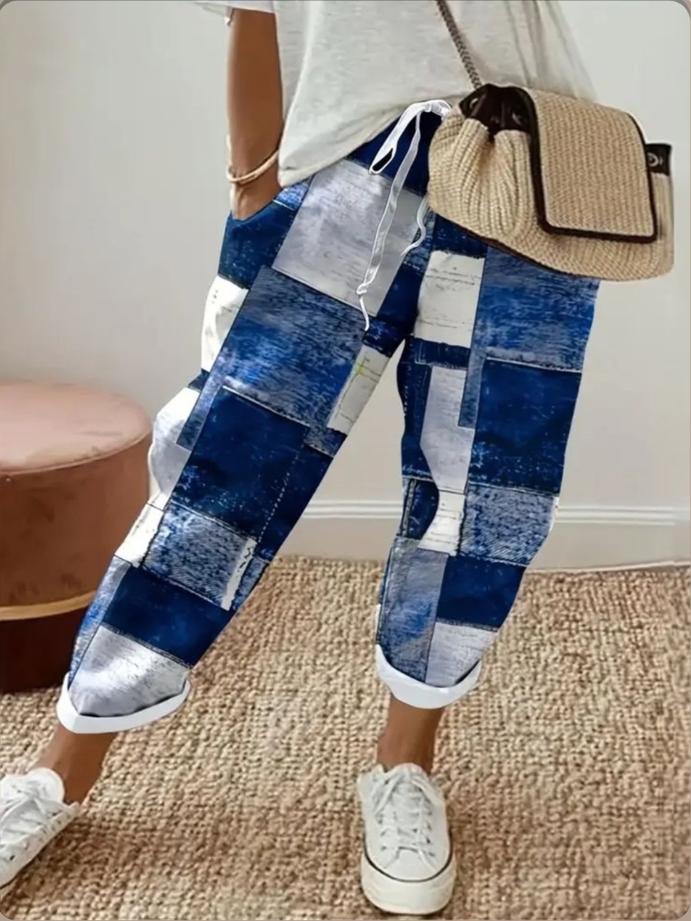 Blue Patchwork Print Relaxed Joggers